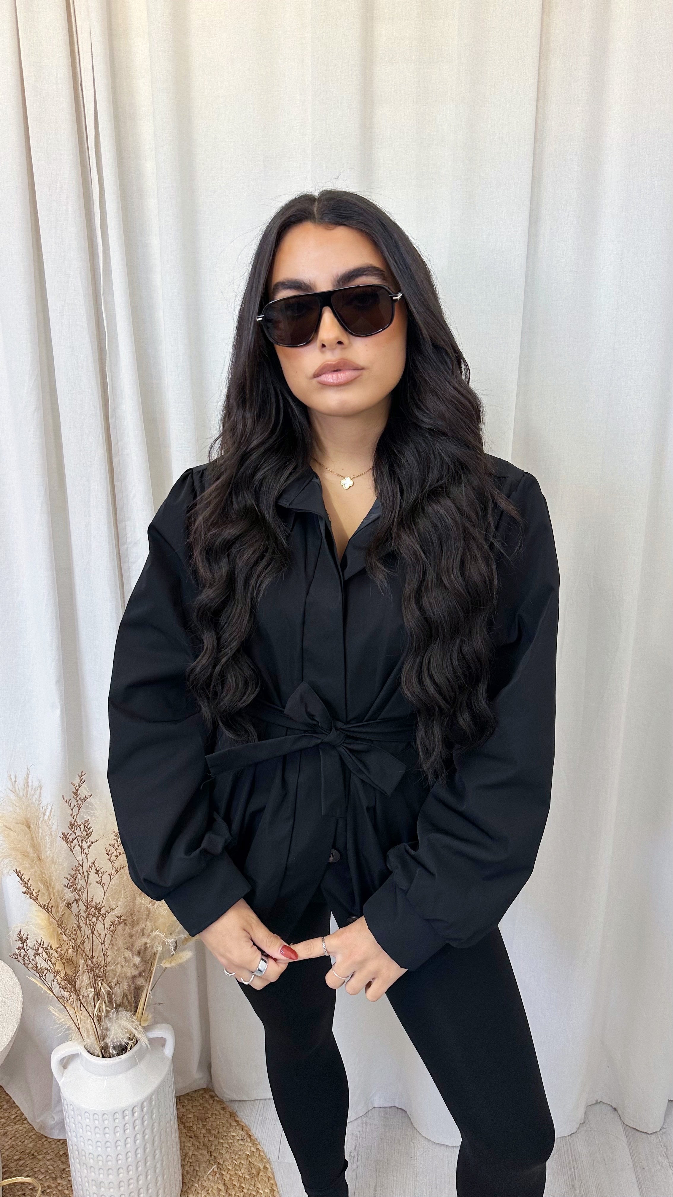 Puff Ball Tie-Waist Trench Jacket - BLACK