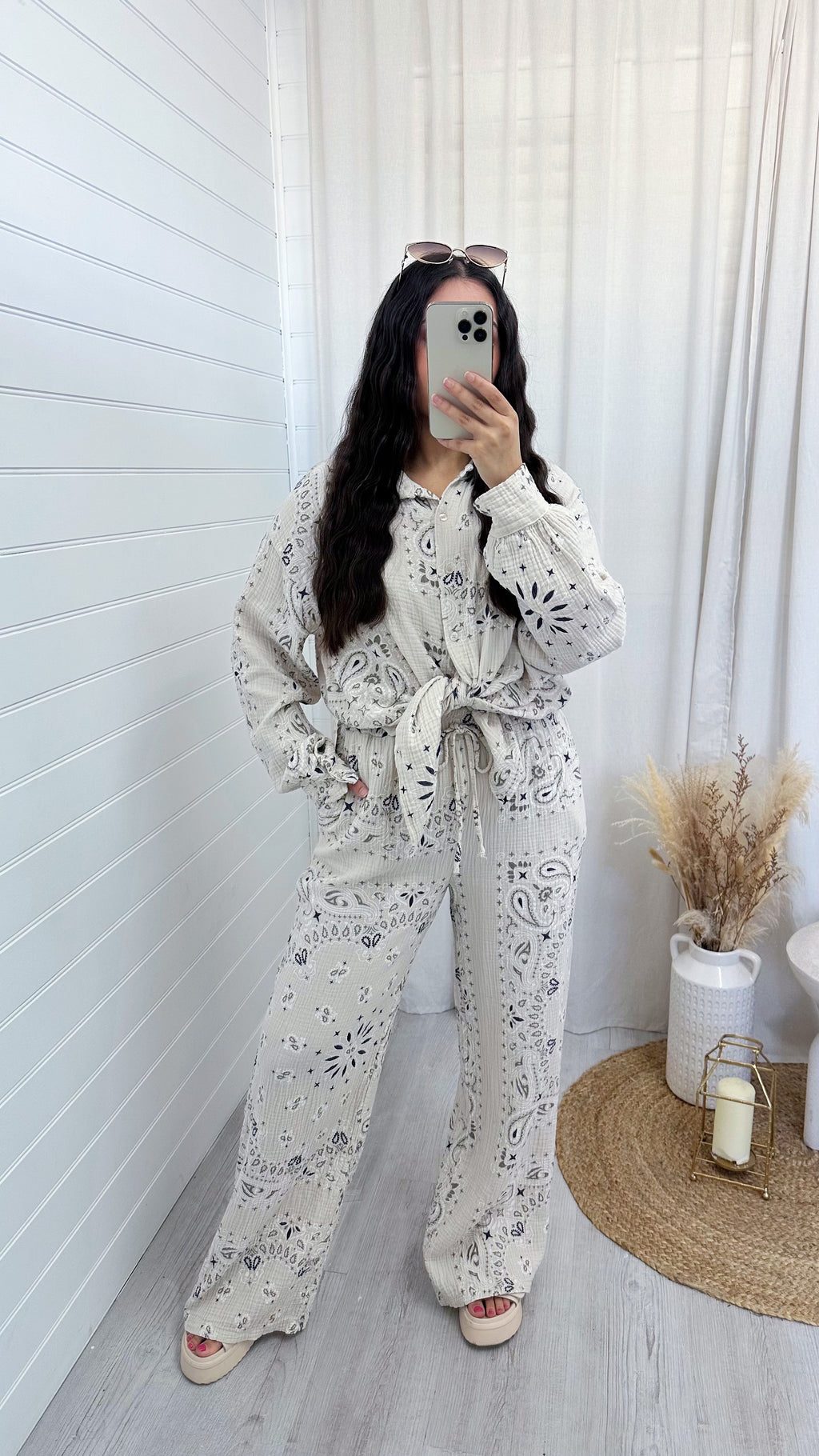Paisley Cheesecloth Shirt and Trousers Co-Ord - BEIGE