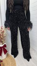 Sequin Velvet Wide Leg Trousers - BLACK