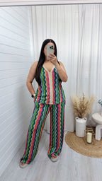 Zig Zag Strappy Vest Top and Wide Leg Trousers Co-Ord - GREEN/PINK