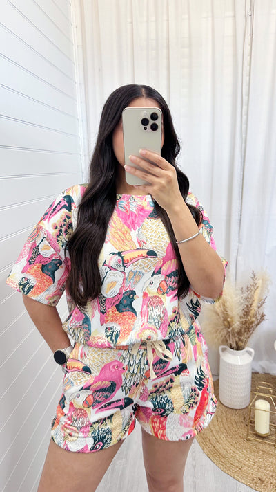 Bird Print T-Shirt and Shorts Co-Ord - PINK