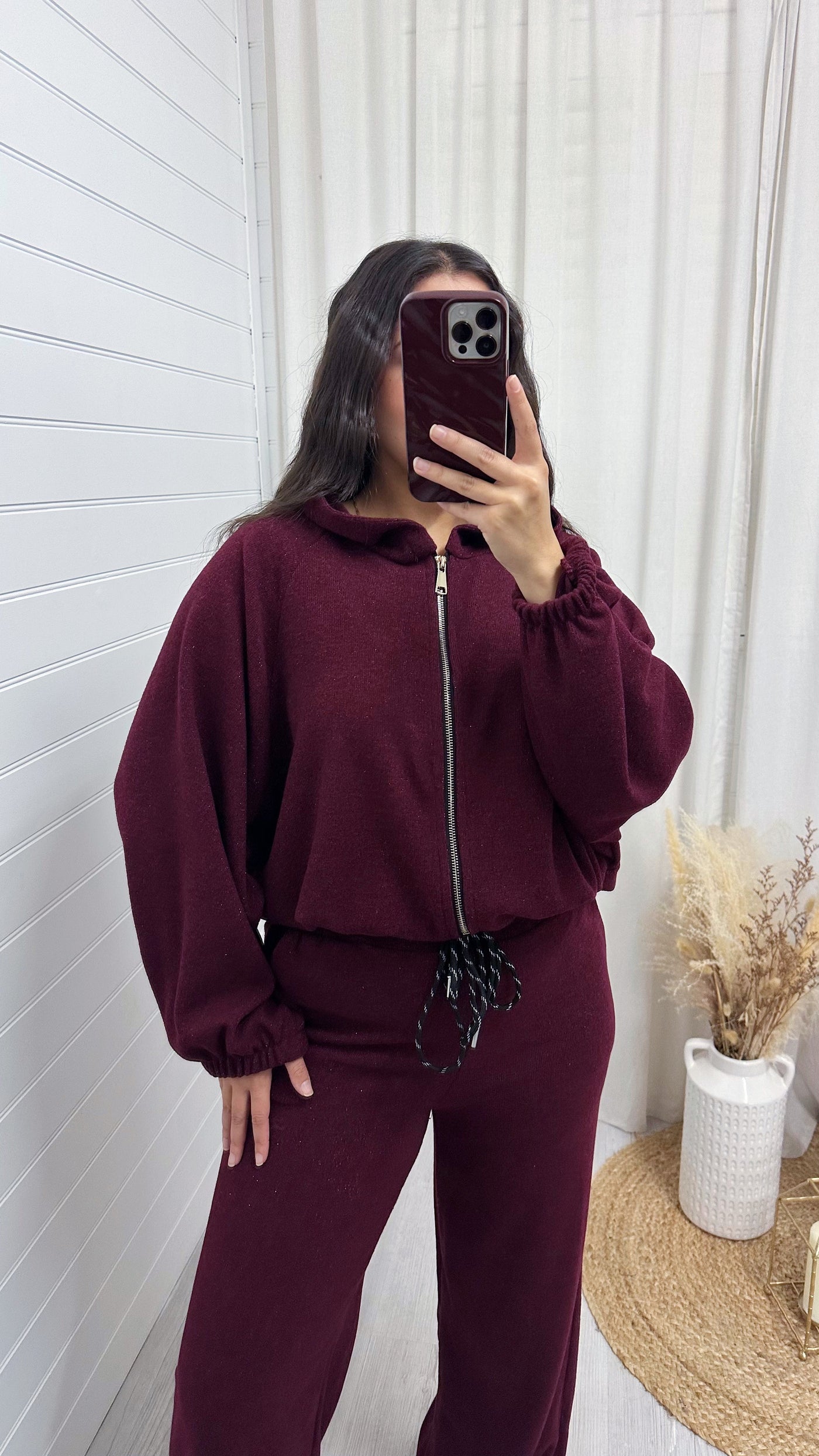 Shimmery Knitted  Bomber Jacket and Joggers Co-Ord - WINE