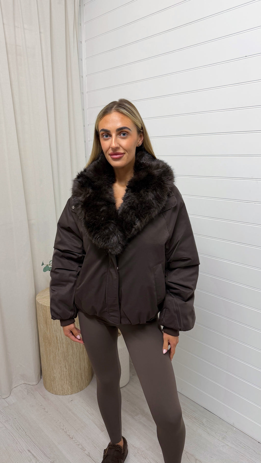 Faux Fur Collar Coat - BROWN