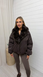 Faux Fur Collar Coat - BROWN