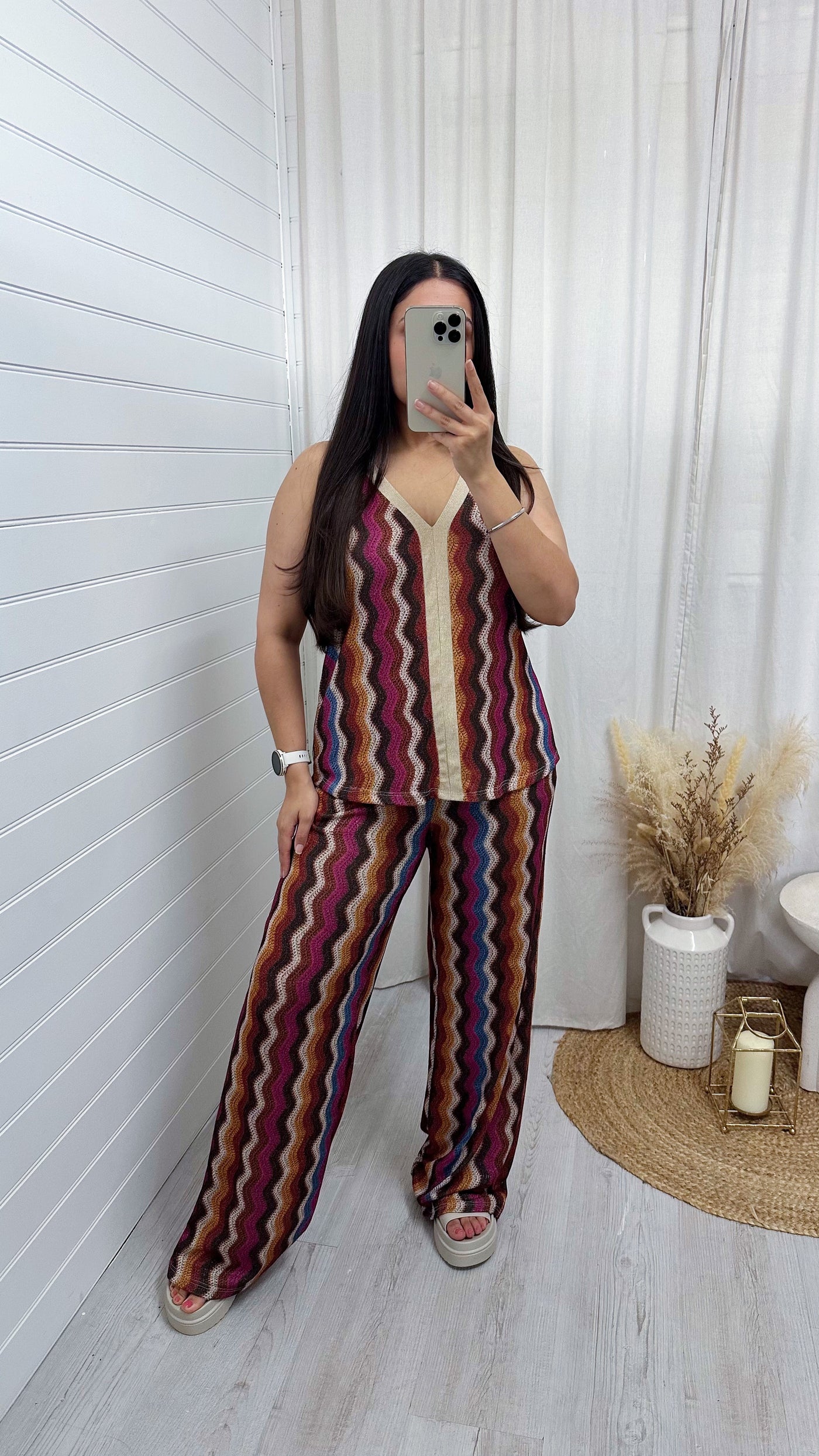 Zig Zag Strappy Vest Top and Wide Leg Trousers Co-Ord - PURPLE/BLUE