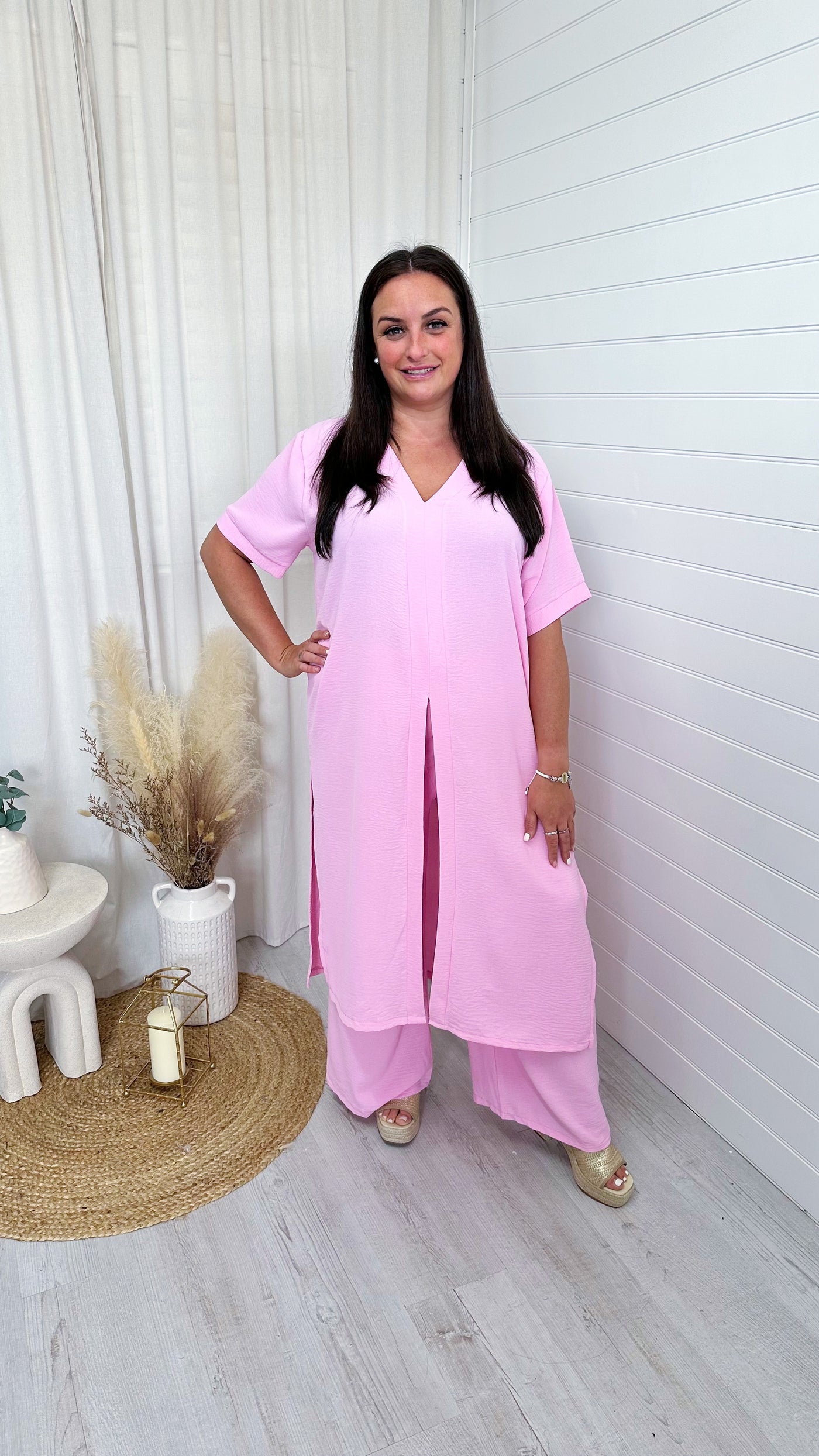 Slit Front Maxi Top and Trouser Co-Ord - BABY PINK