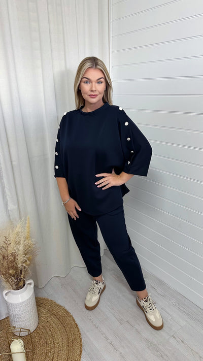 Button Shoulder Top and Barrel Fit Joggers Co-Ord - NAVY