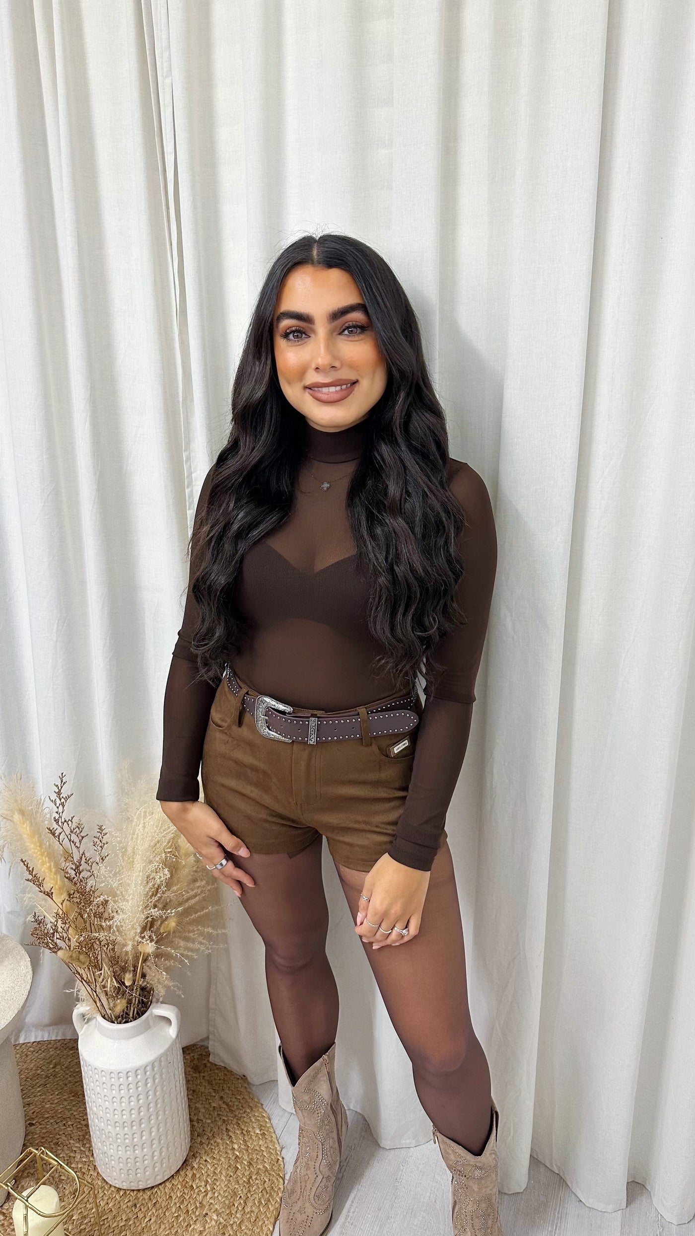 Western Belt High Waist Suede Shorts - BROWN