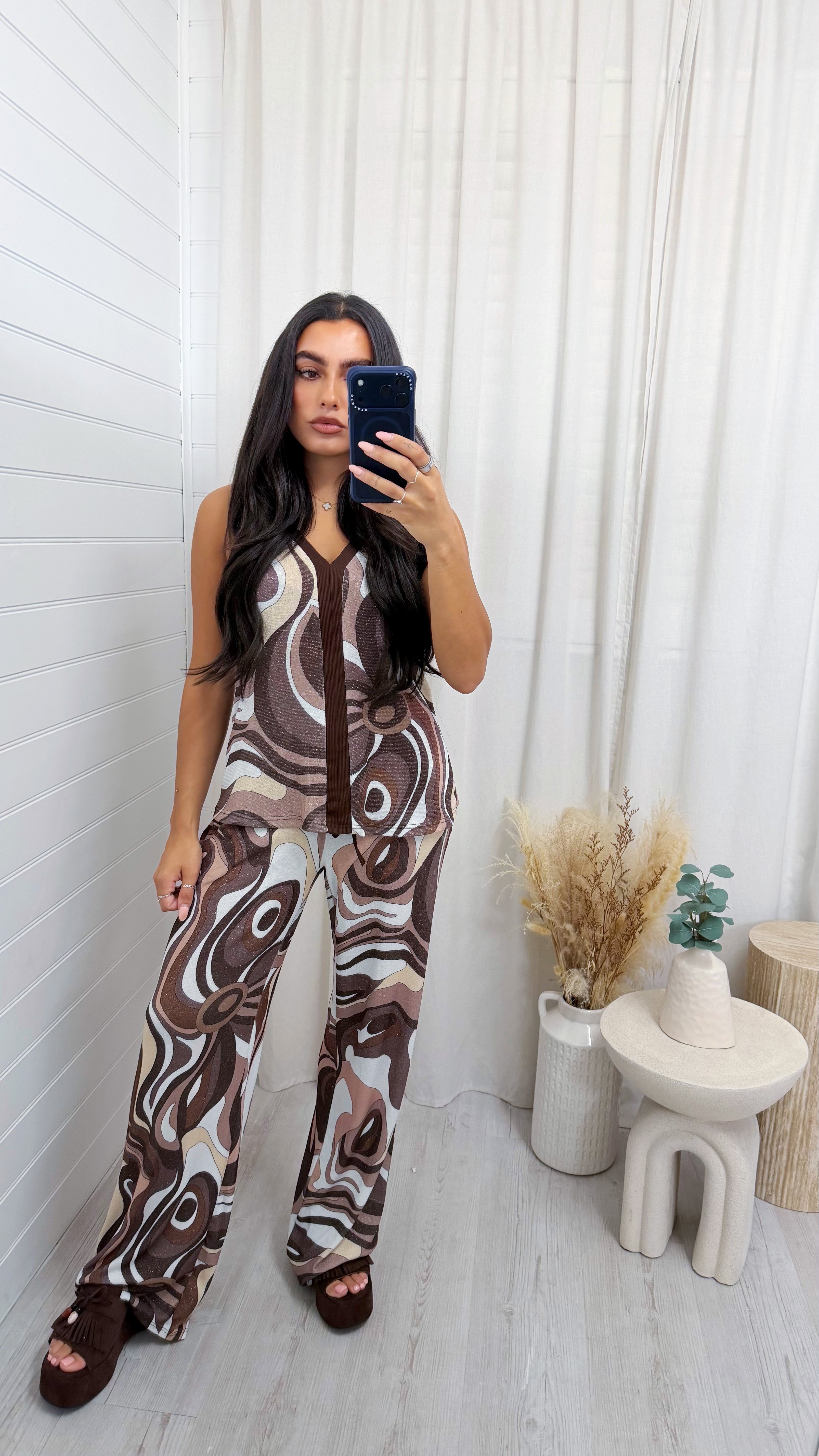 Shimmery Swirl Vest Top and Trousers Co-Ord - BROWN