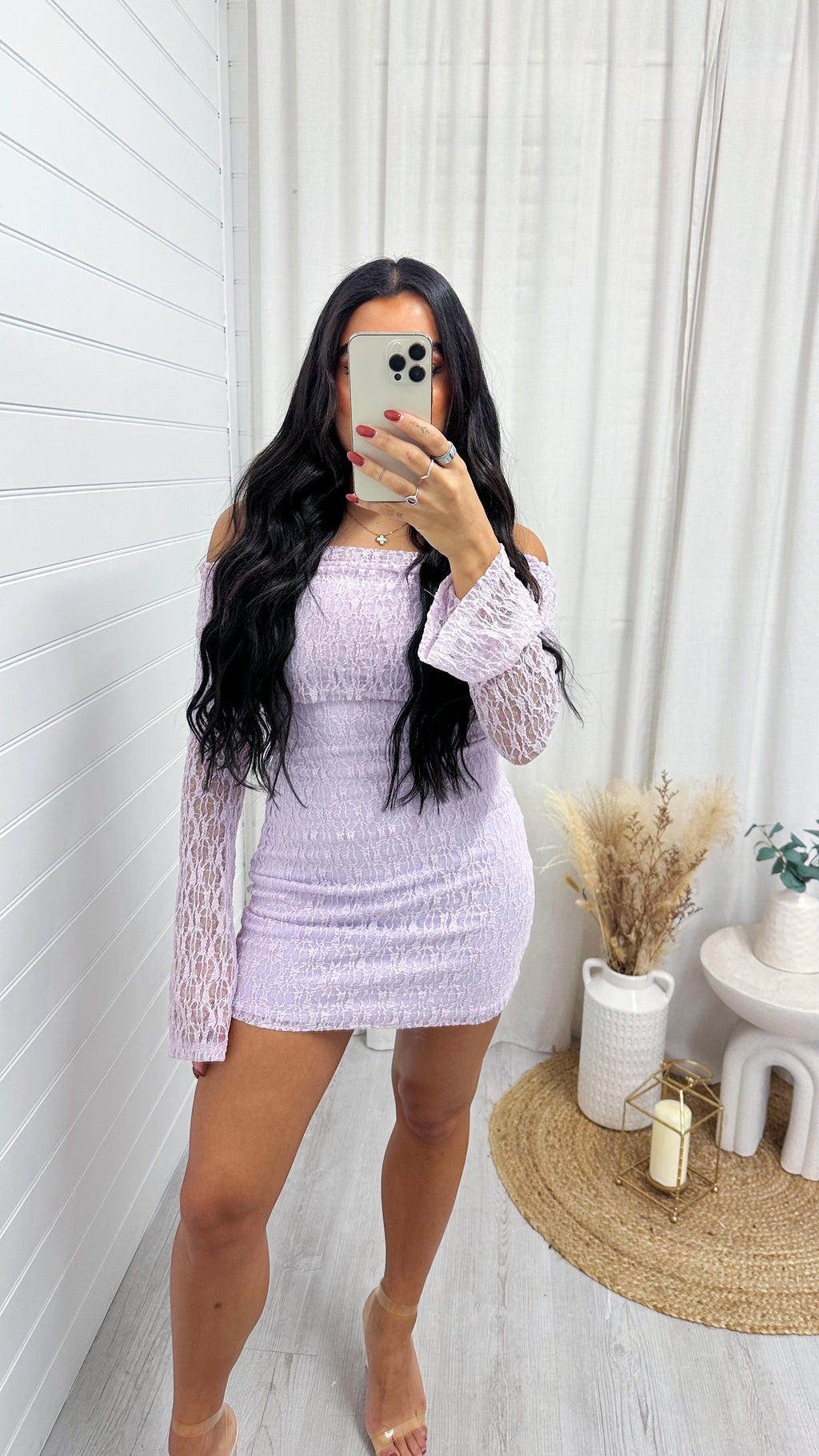 Lace Bardot Mini Dress - LILAC