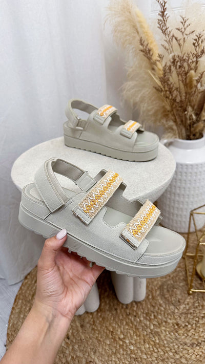 Embroidered Double Strap Sandals - BEIGE