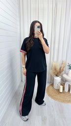 Soft Ribbed Side Strip T-Shirt and Trousers Co-Ord - BLACK