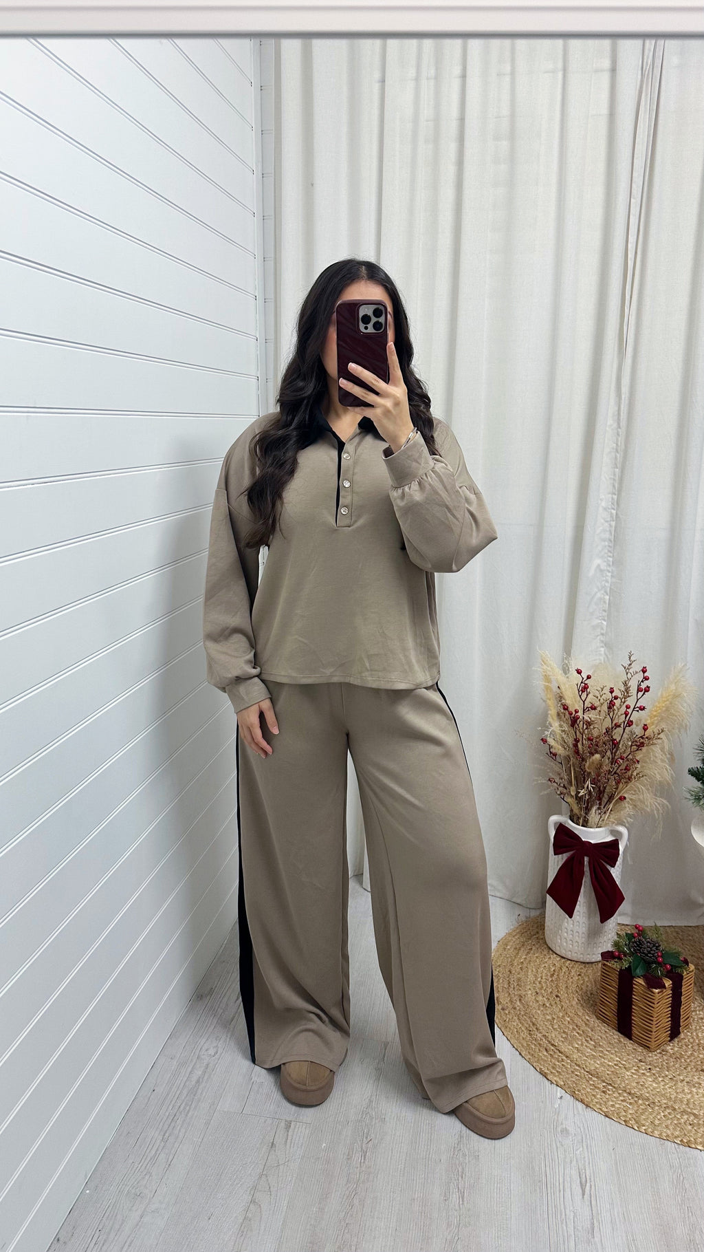 Contrast Collared Shirt and Wide Leg Joggers Co-Ord - MOCHA