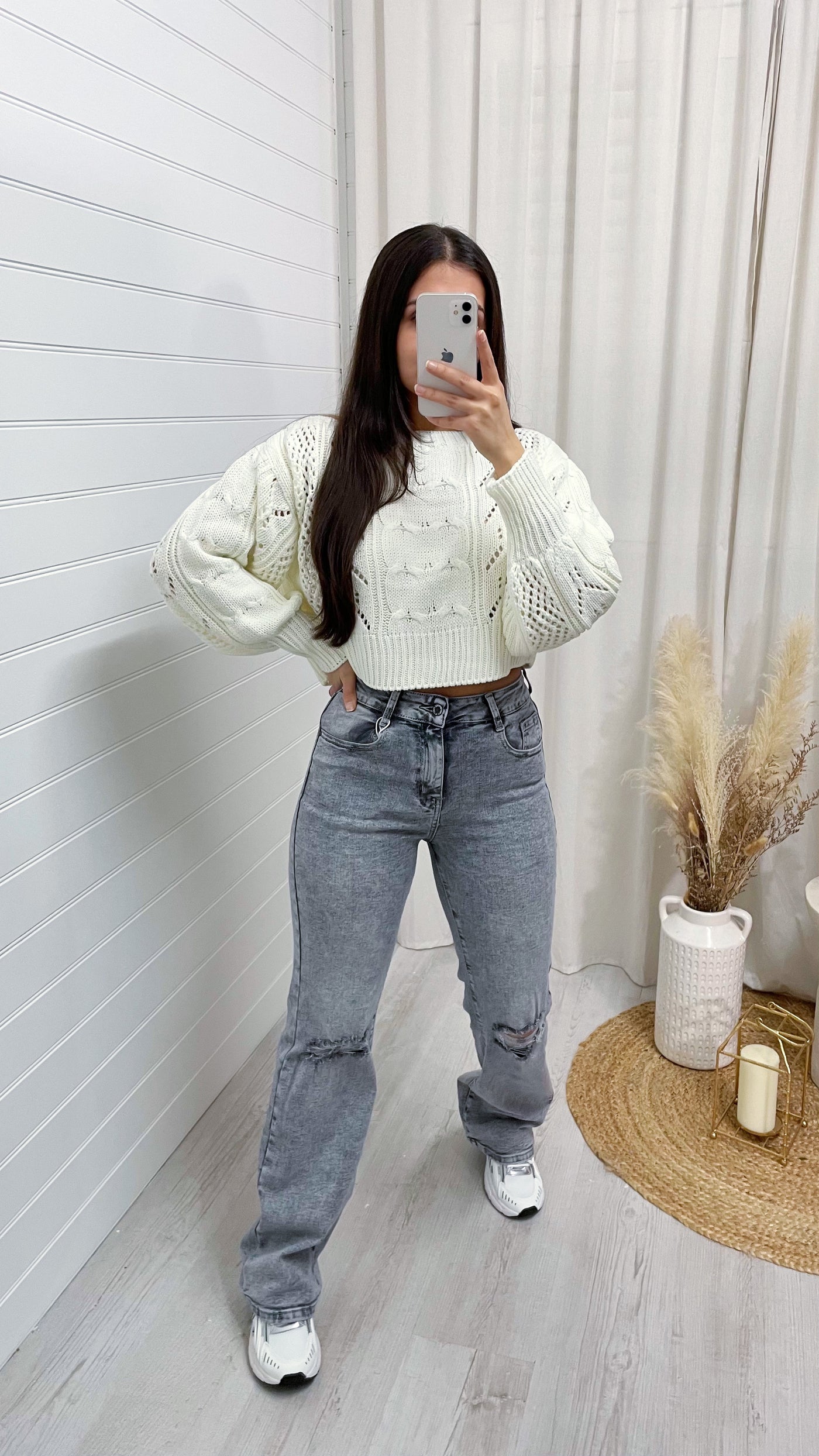 High Waisted Ripped Knee Straight Leg Jeans - GREY