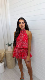 Bandana Print Halter Neck Top and Skirt Co-Ord - RED