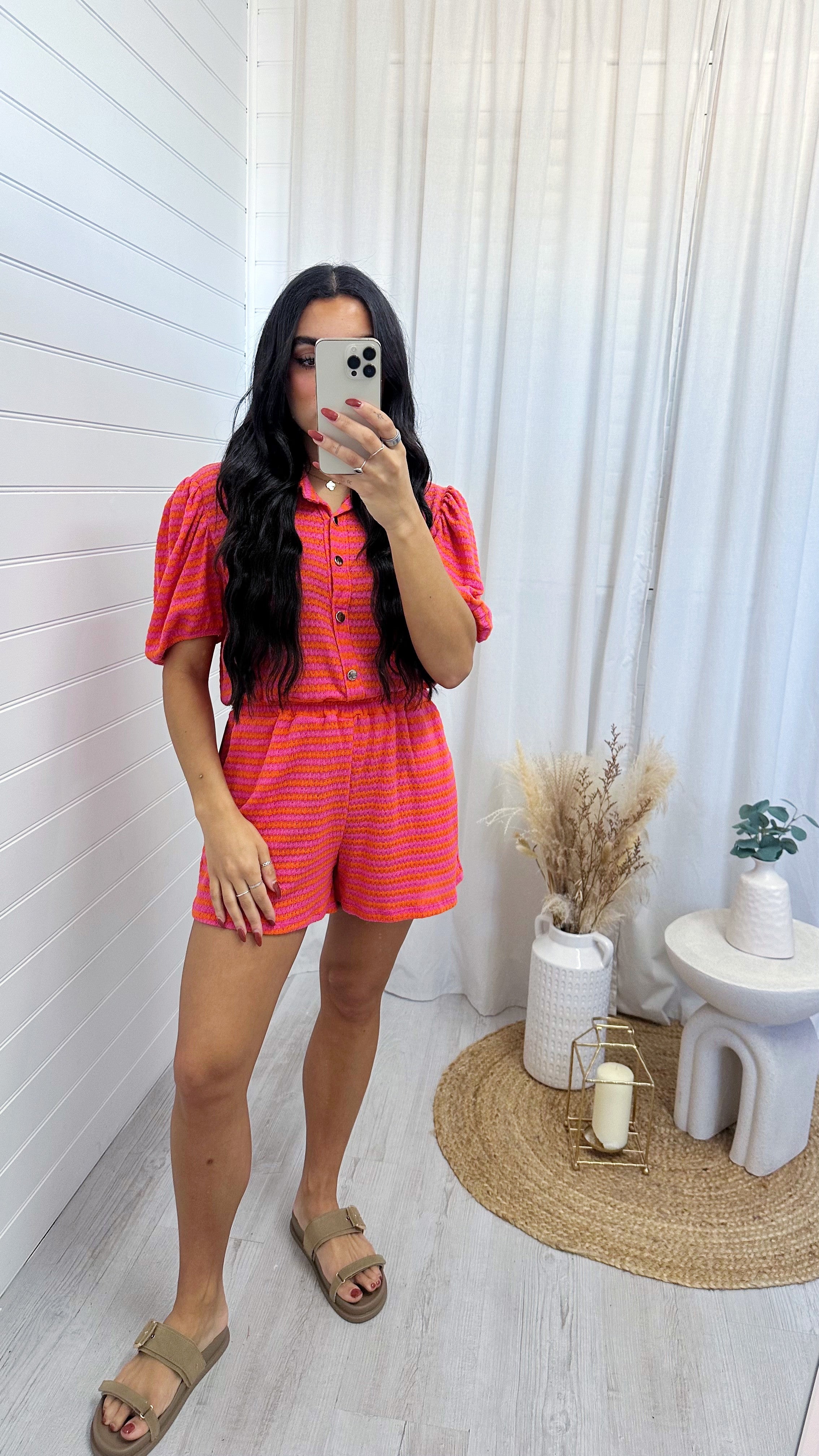 Stripey Knit Cropped Shirt and Shorts Co-Ord - PINK/ORANGE