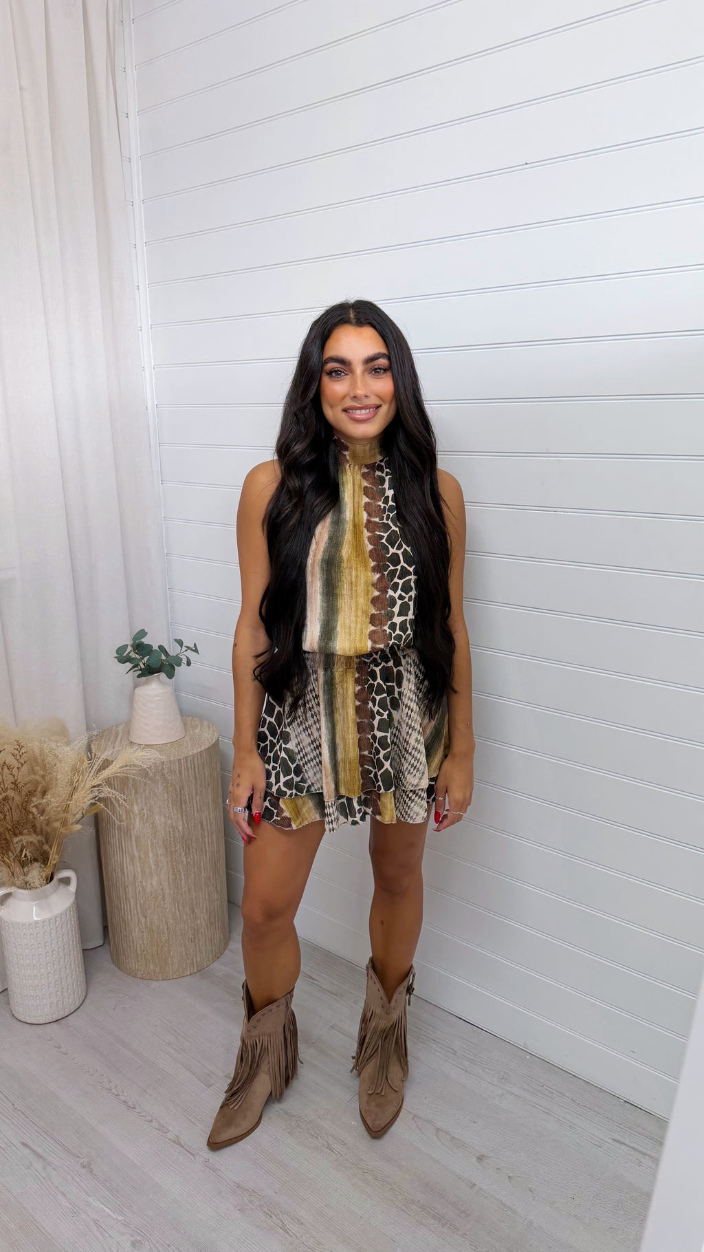 Reptile Print Halter Neck Frill Dress - KHAKI