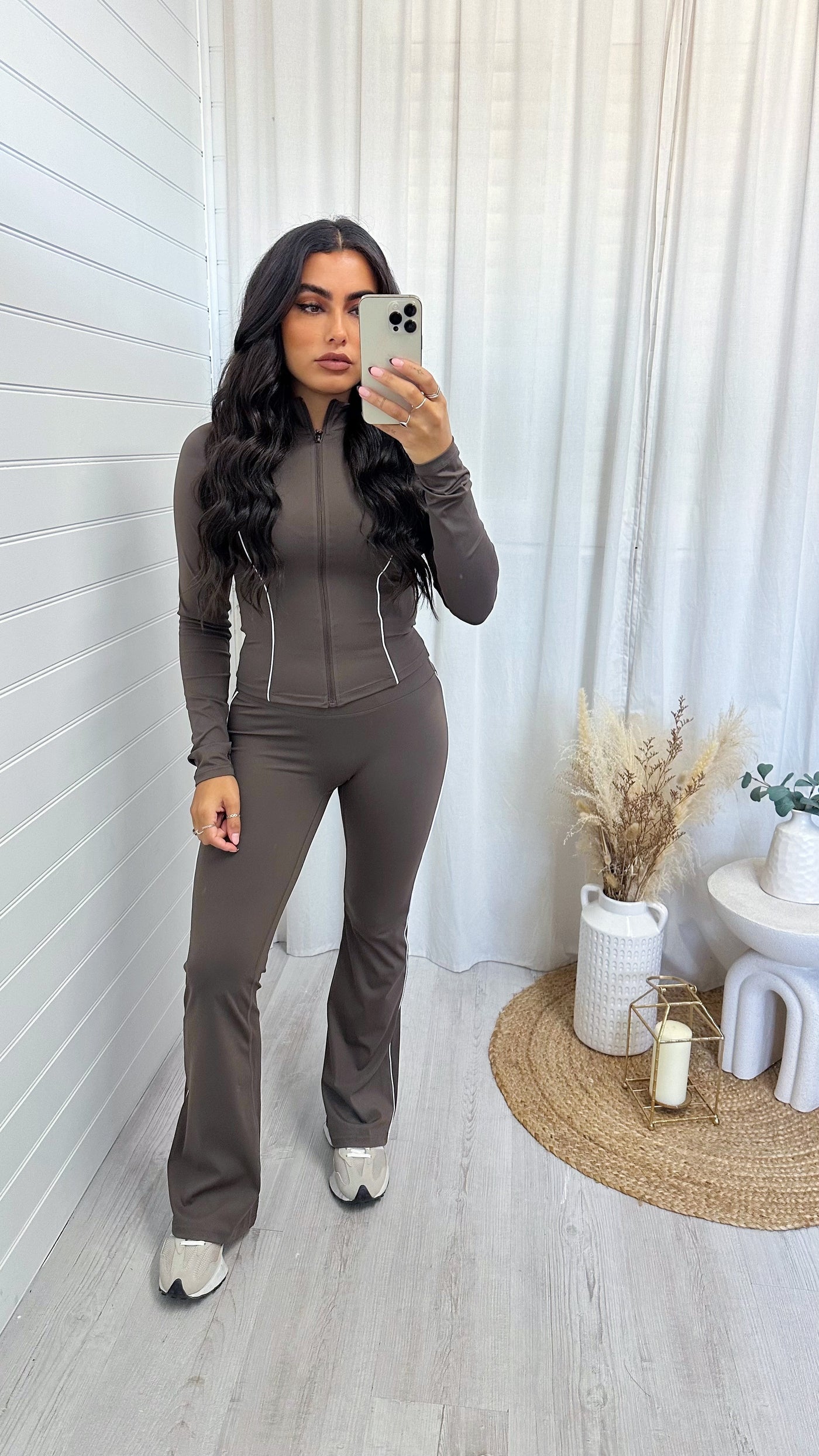 Contrast Seam Body Sculpt Jacket and Flares Co-Ord - BROWN