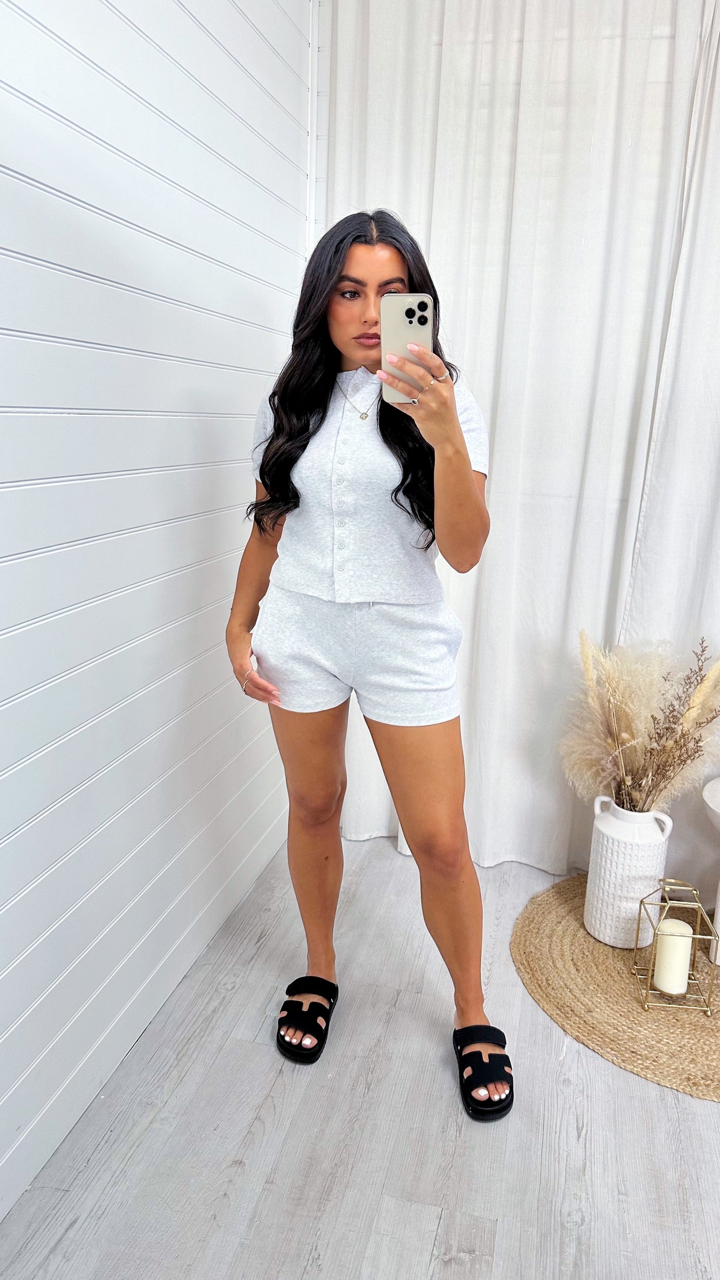Ribbed Button Crop Top and Shorts Co-Ord - BLEACH GREY