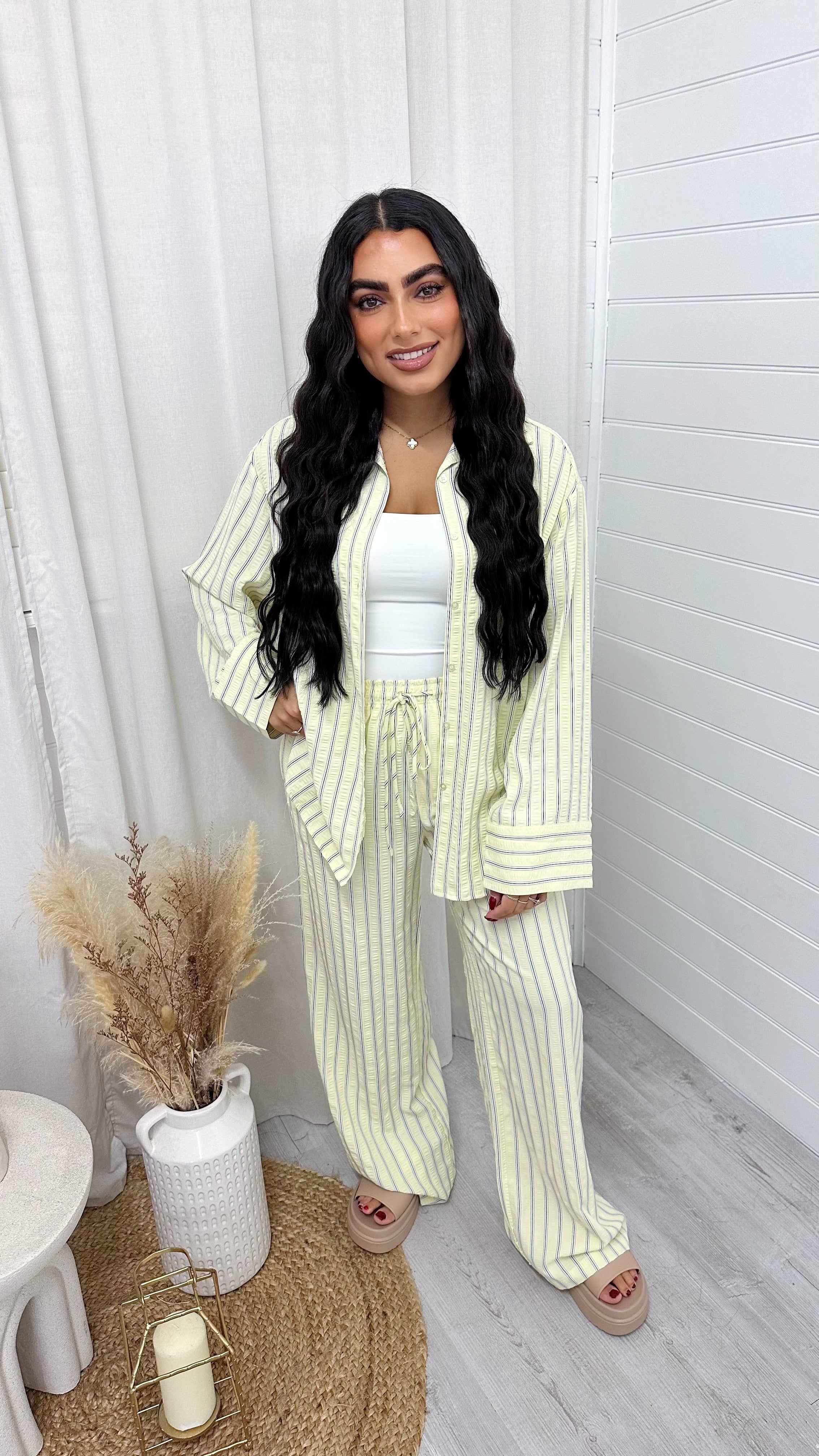 Striped Textured Shirt And Trouser Co-Ord - LEMON