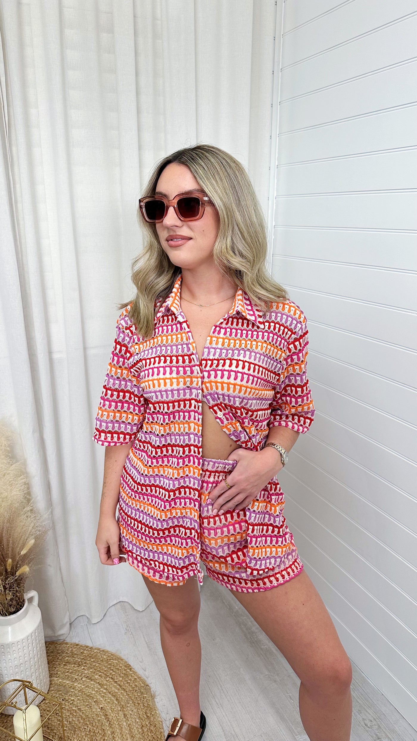 Stripey Woven Shirt and Shorts Co-Ord - PINK/ORANGE