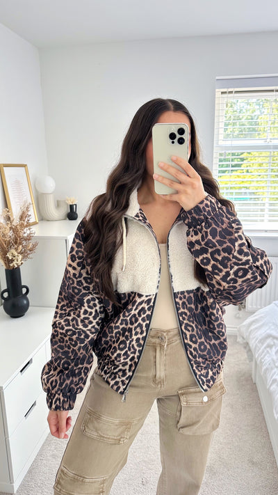 Leopard Print Teddy Fur Bomber Jacket