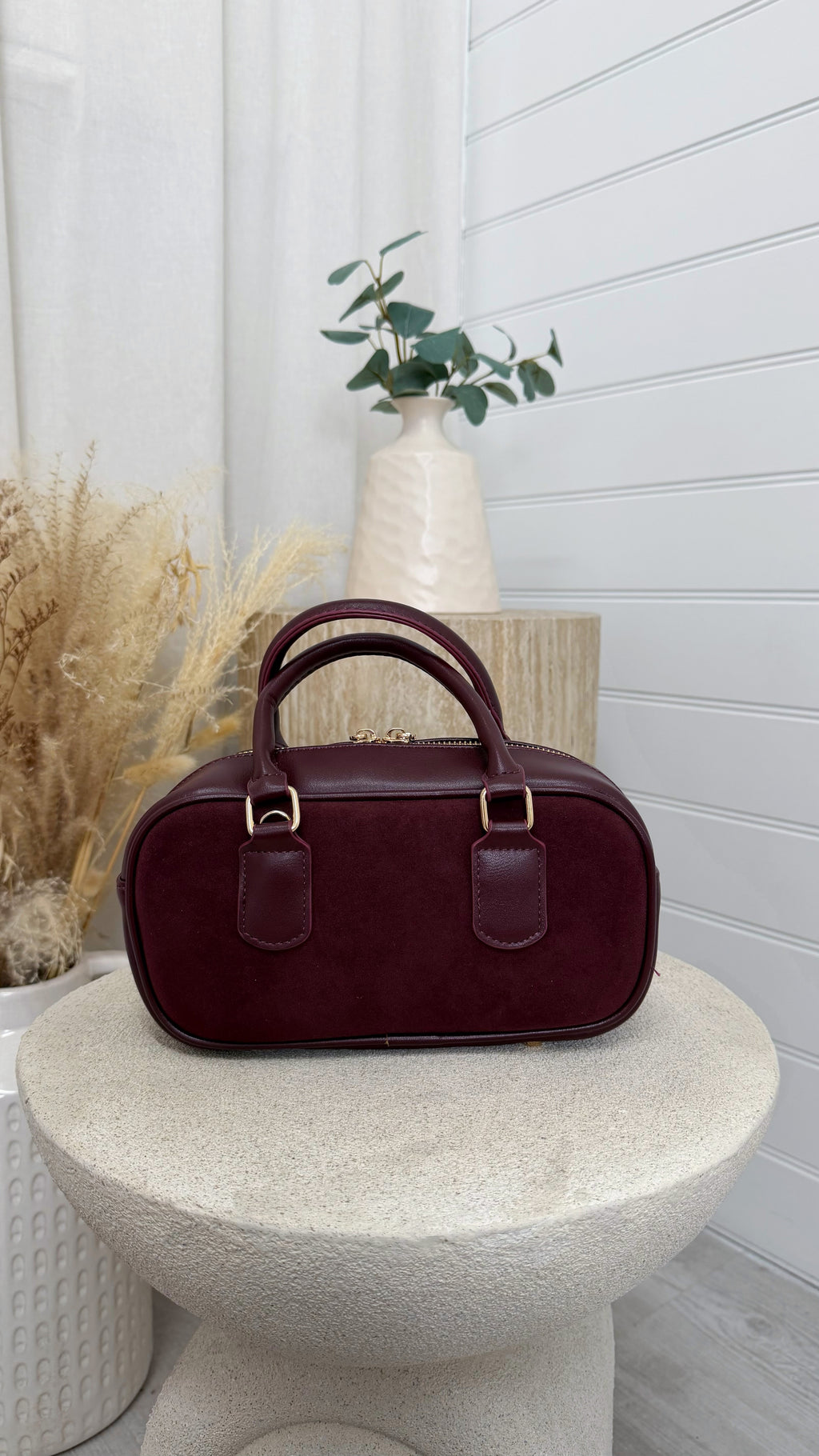 Suede Oval Top Handle Bag - BURGUNDY