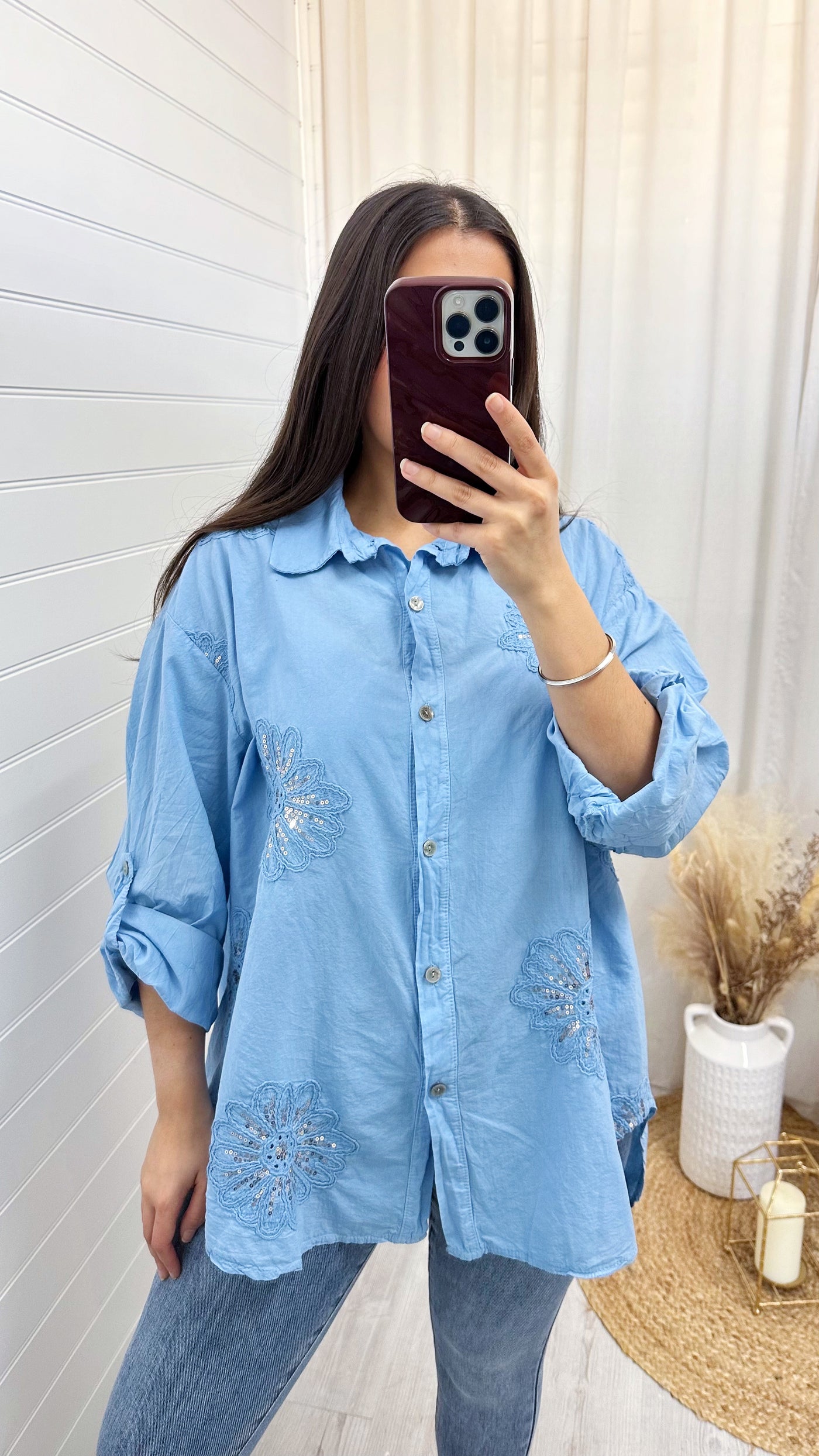Sequin Flower Embroidered Shirt - BLUE