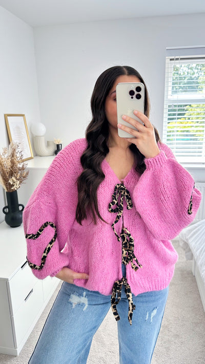 Leopard Bow Tie Cardigan - PINK