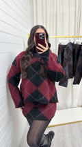 Argyle Woollen Jumper and Skirt Co-Ord - WINE