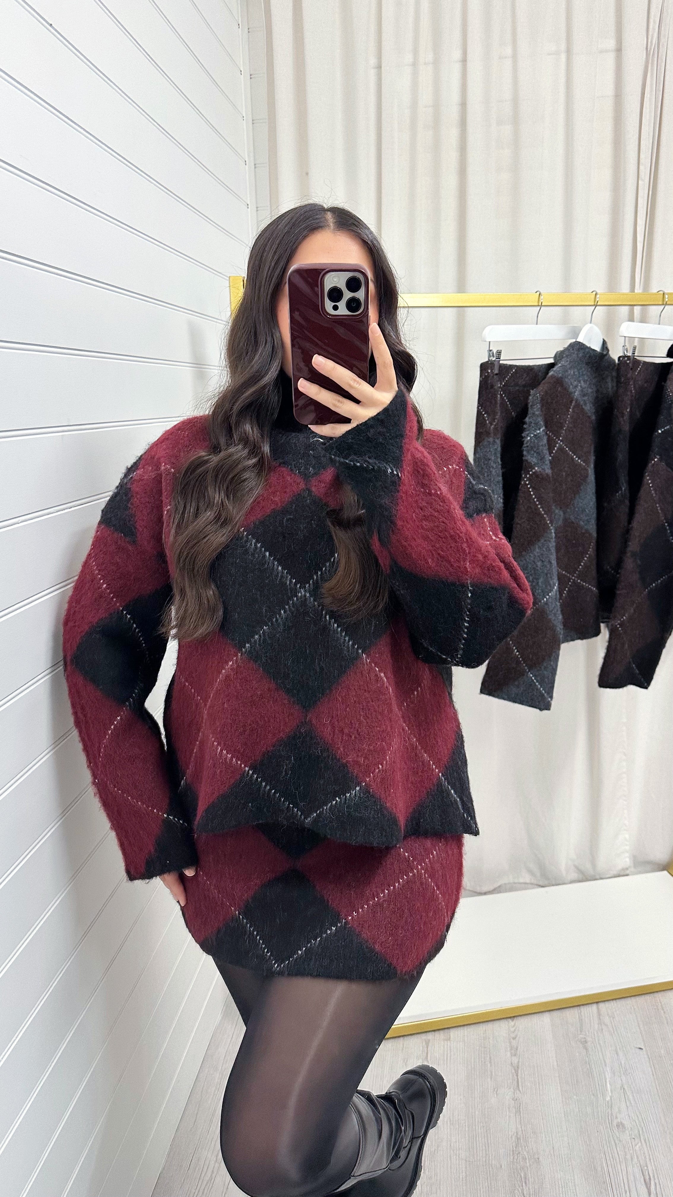 Argyle Woollen Jumper and Skirt Co-Ord - WINE