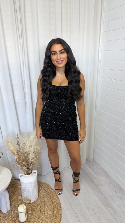 Lace Back Velvet Sequin Square Neck Dress - BLACK