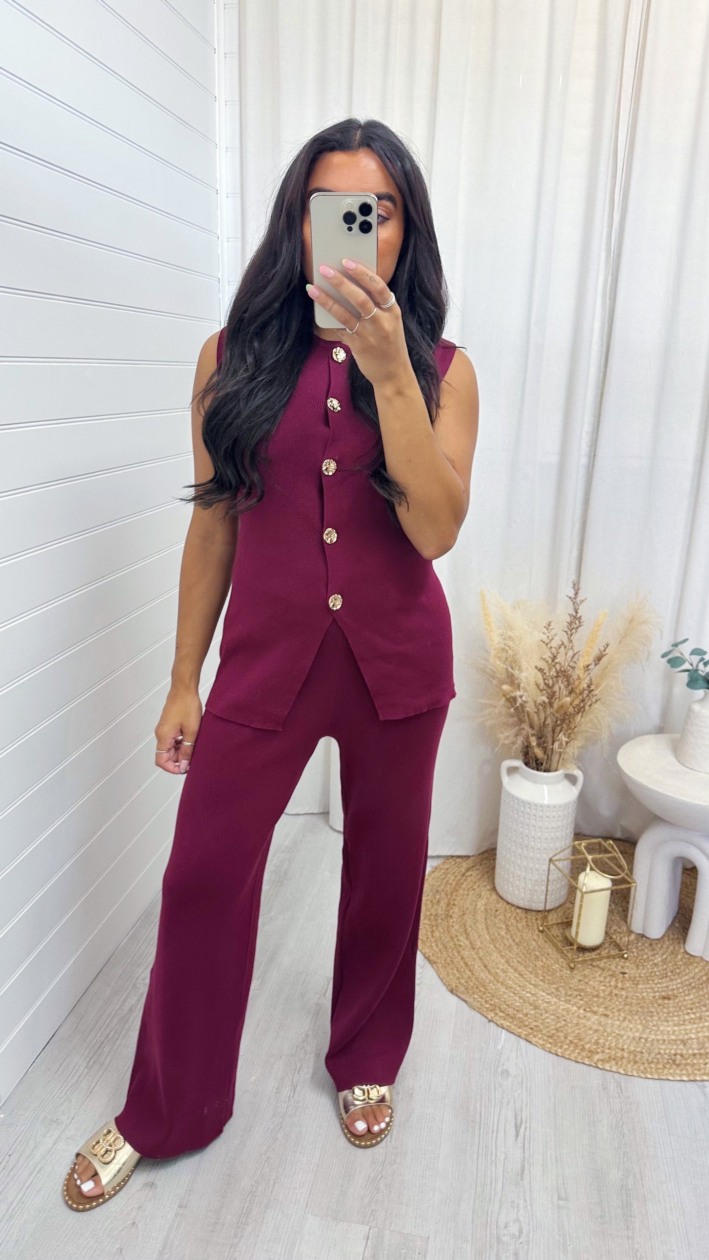 Fine Knit Gold Button Waistcoat and Trousers Co-Ord - WINE