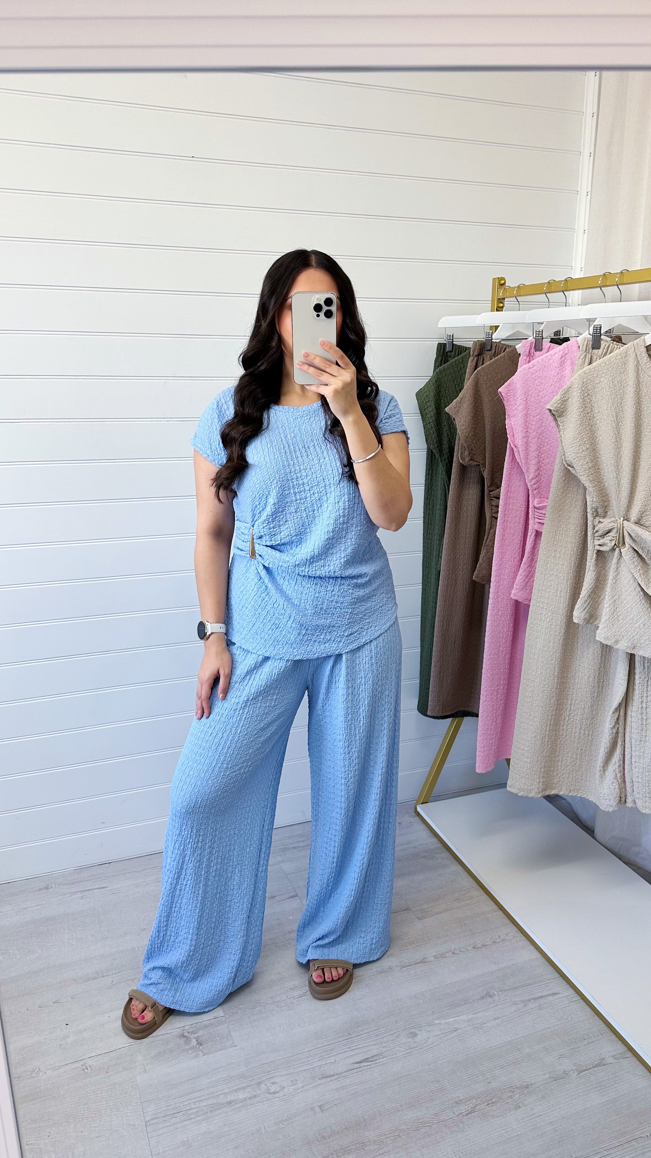 Gold Clasp Ruched Top and Wide Leg Trousers Co-Ord - BABY BLUE