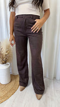 Suede Straight Leg High Waisted Jeans - BROWN