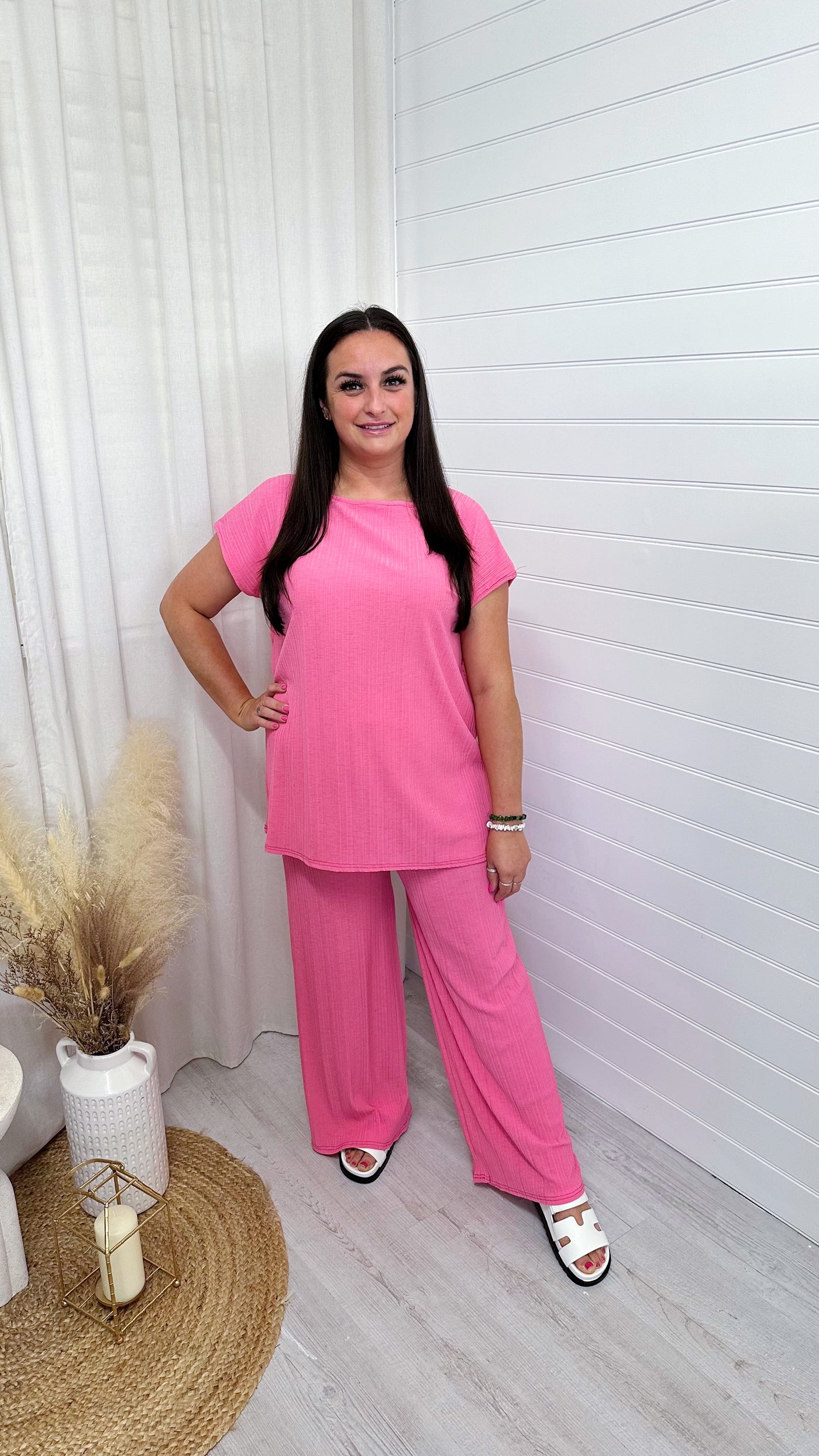 PLUS Cap Sleeve Ribbed Top and Trousers Co-Ord - PINK