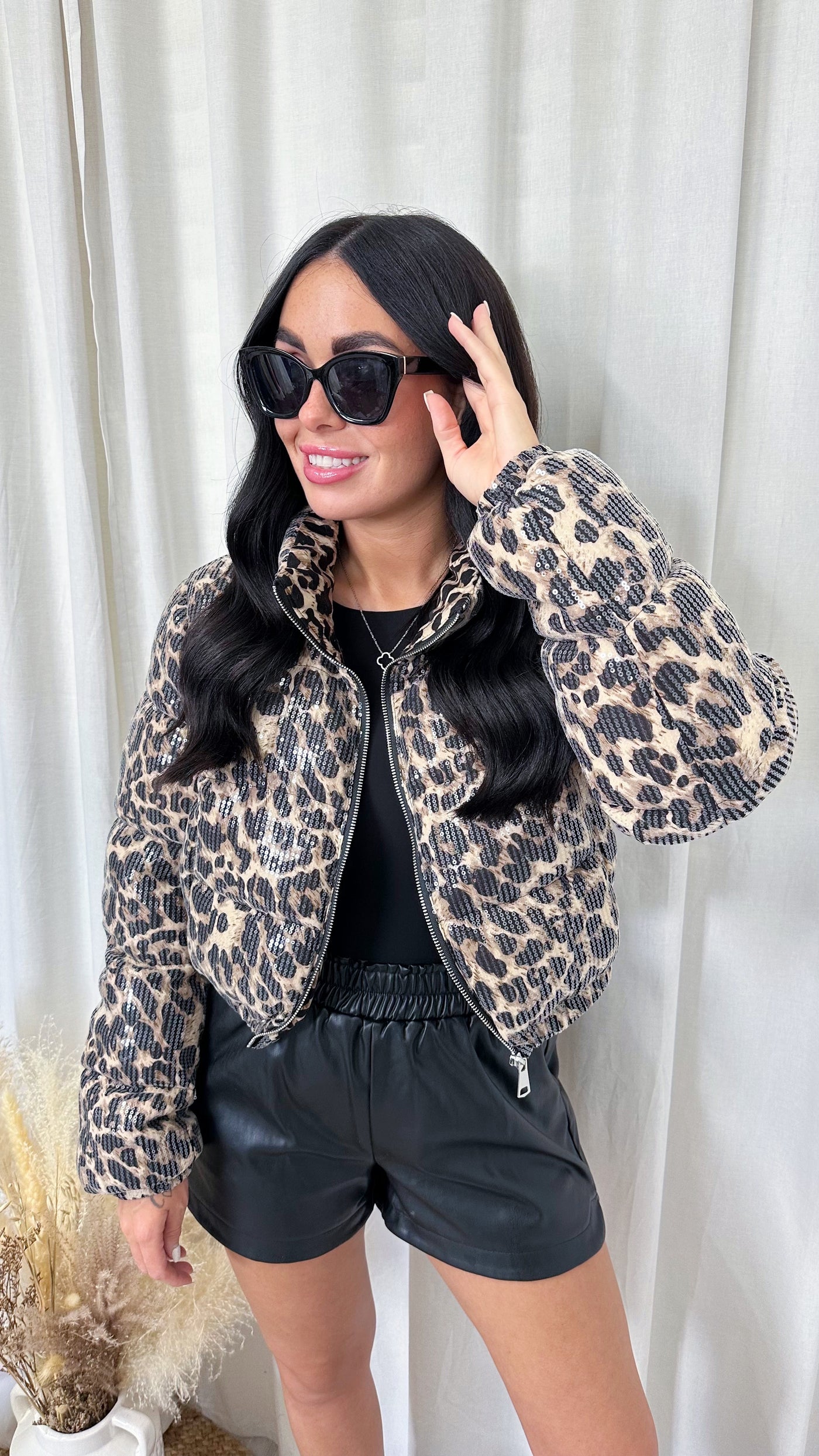 Leopard Sequin Crop Padded Bomber Jacket - BEIGE/BROWN