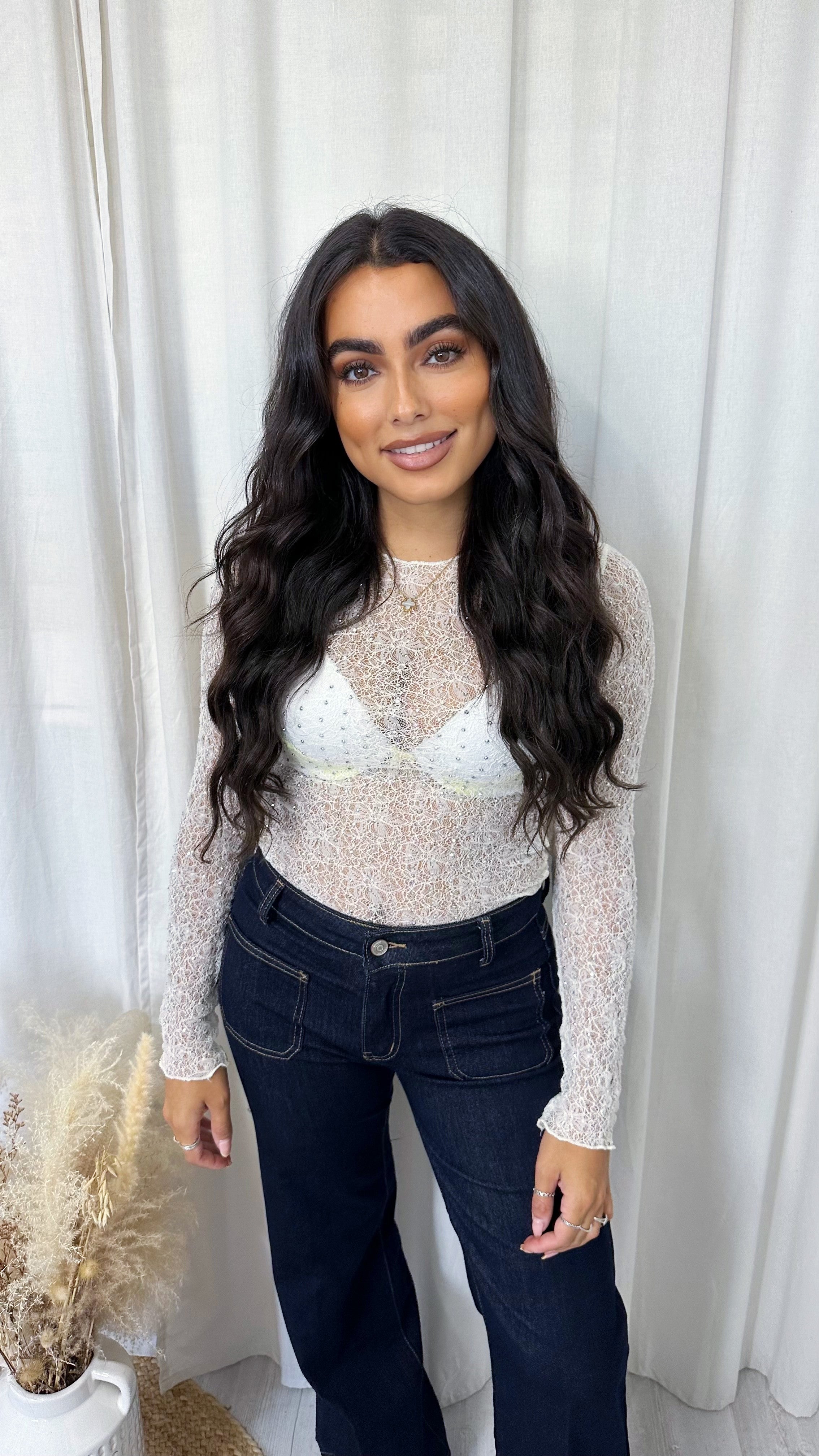 Rhinestone Lace Long Sleeve Top - WHITE