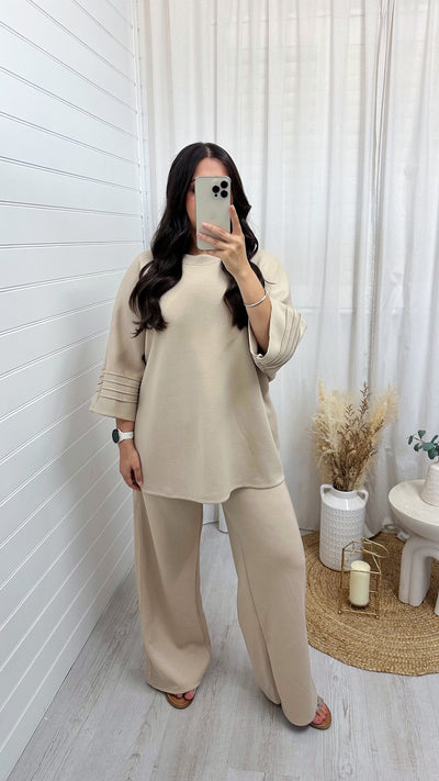 Gold Stripe Oversized Top and Wide Leg Trousers Co-Ord - BEIGE