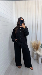 Oversized Pinstripe Shirt and Trousers Co-Ord - BLACK