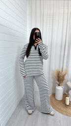 Chunky Stripe Rugby Sweatshirt and Trousers Co-Ord - WHITE
