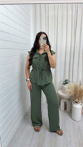 Sleeveless Cinch Shirt and Trousers Co-Ord - KHAKI