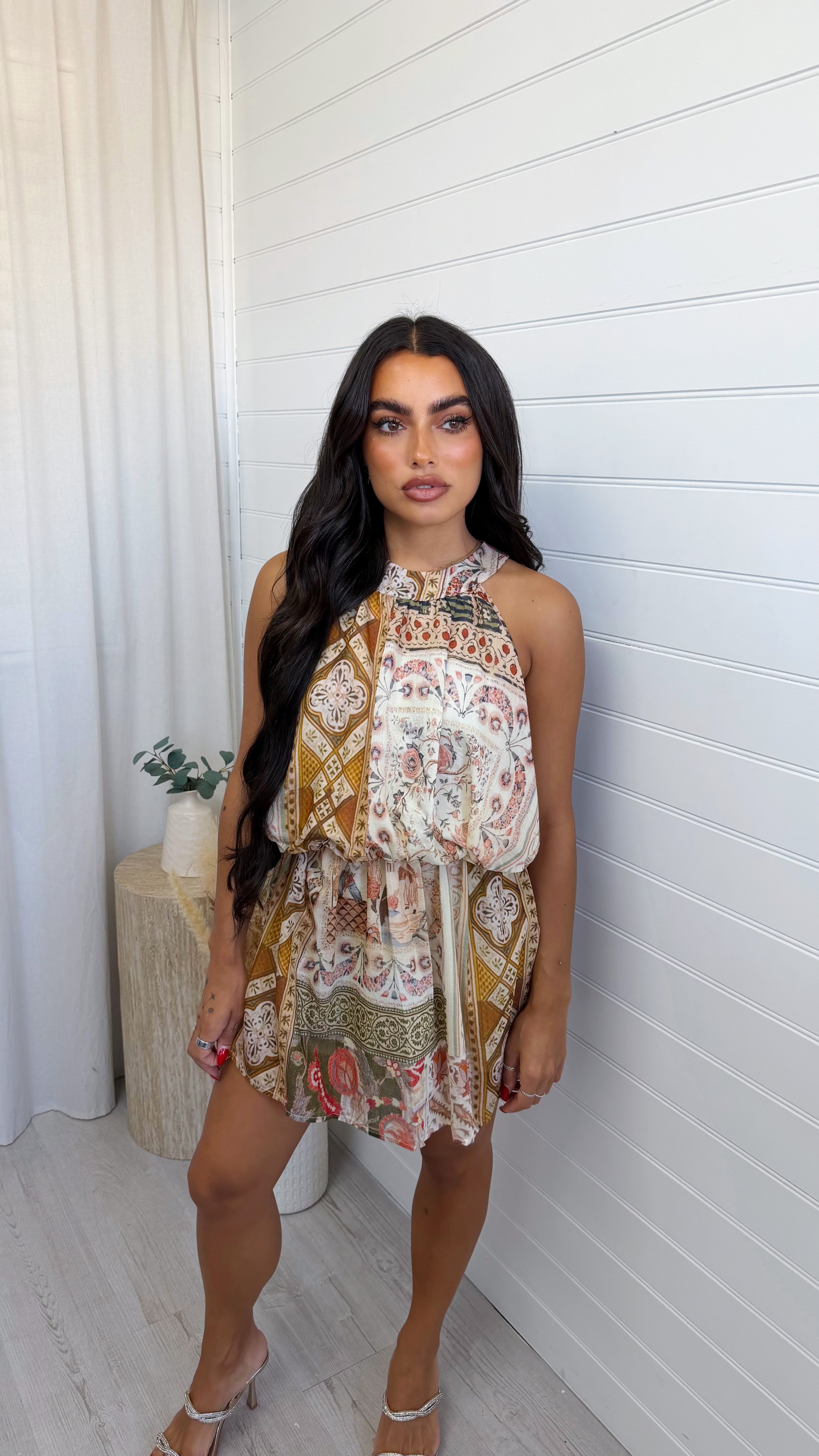 Tile Print High Neck Dress - MUSTARD