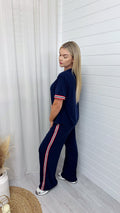 Soft Ribbed Side Strip T-Shirt and Trousers Co-Ord - NAVY