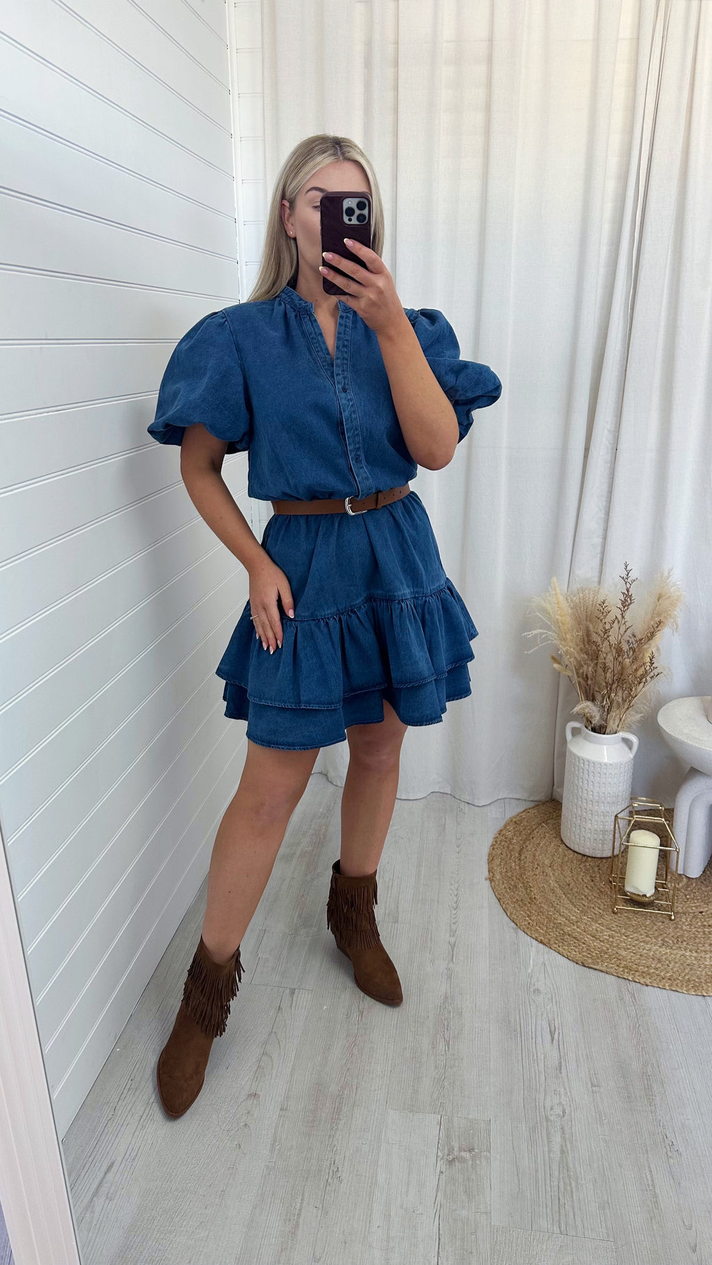 Puff Sleeve Frill Hem Denim Dress - DARK DENIM