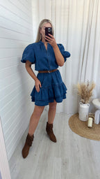 Puff Sleeve Frill Hem Denim Dress - DARK DENIM