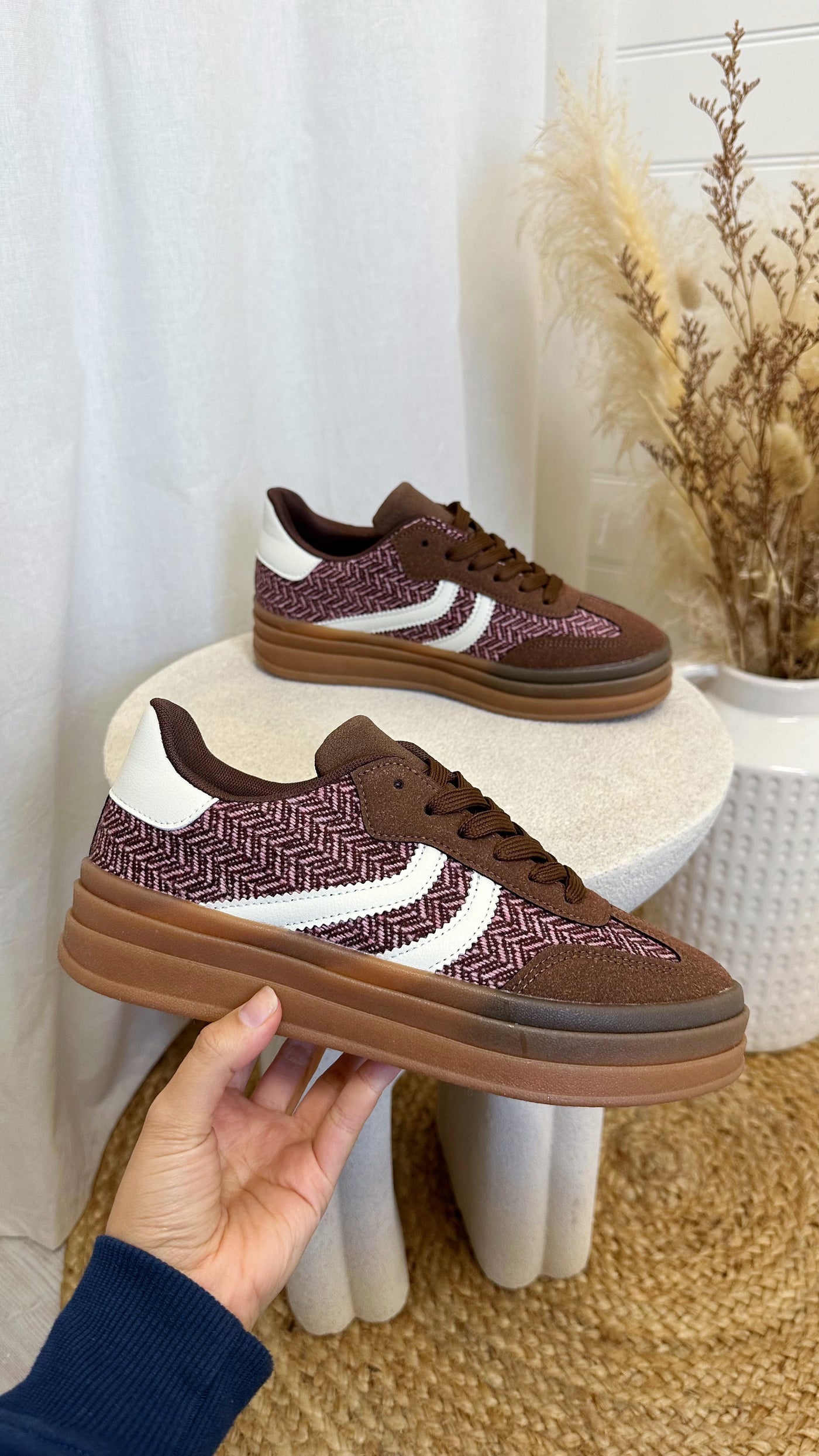 Tweed Gum Sole Trainers - WINE/BROWN