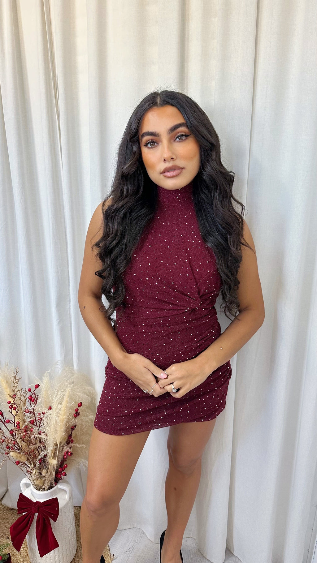 Halter Neck Ruched Rhinestone Dress - WINE