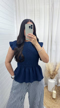 Shirred Peplum Vest Top - NAVY