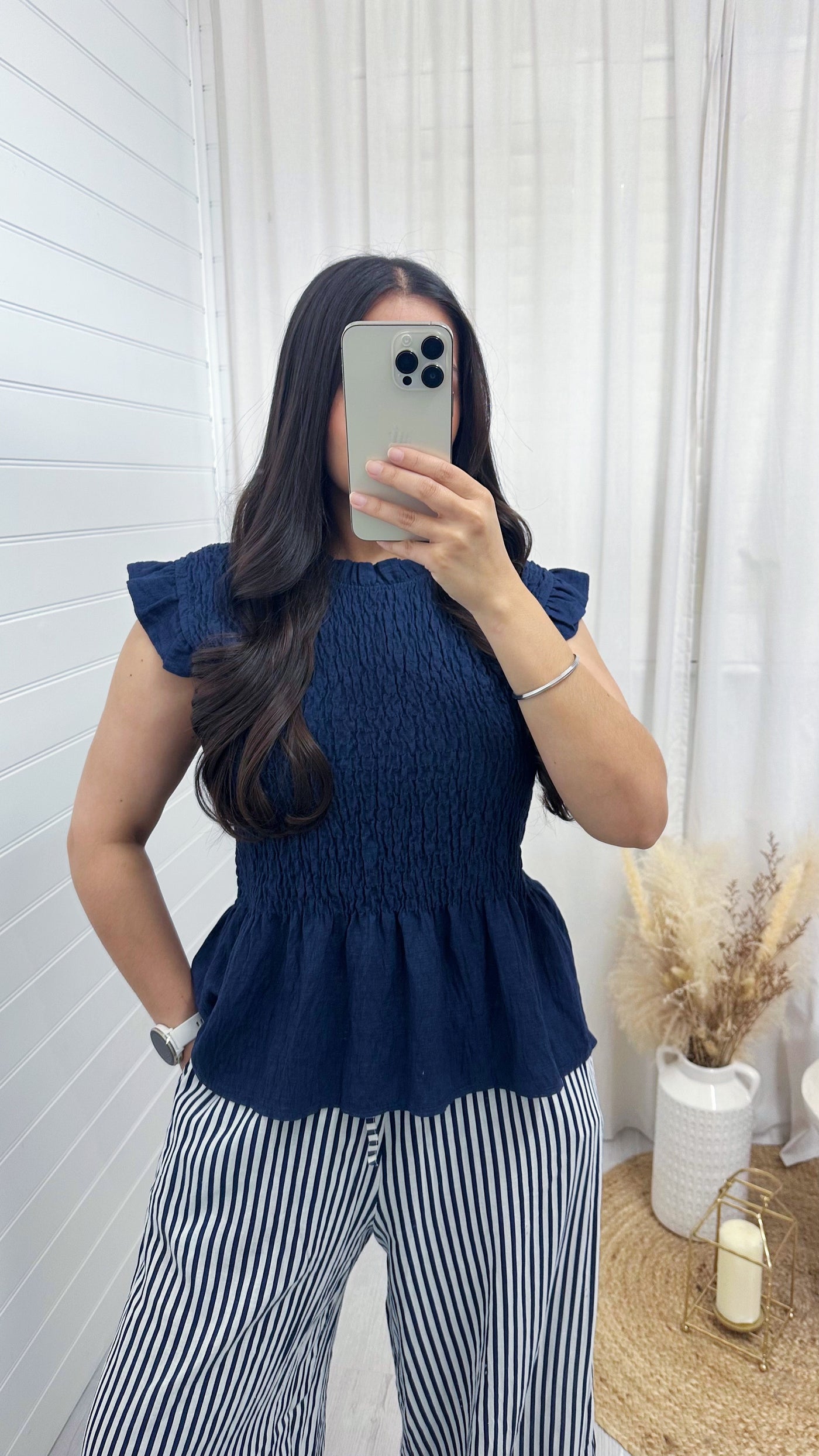 Shirred Peplum Vest Top - NAVY